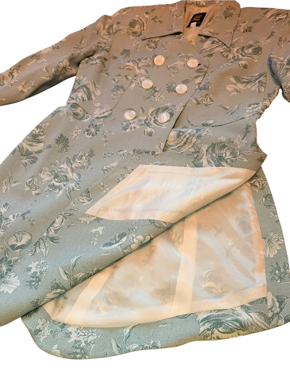 Floral Jacquard Double-Breasted Blazer/Coat- Light green - Picture 3 of 12
